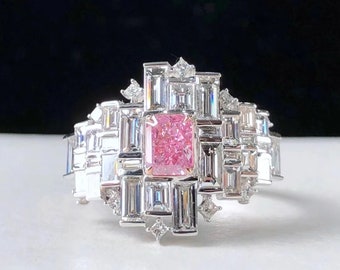 Bague en diamant Fancy rose clair GIA art déco étoiles or blanc 18k bague abstraite bague fantaisie pierres précieuses