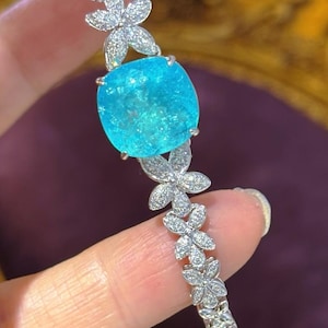 Natural Neon Blue Paraiba Tourmaline Cushion Flower Chain Bracelet 7ct White Diamonds AIGS 18k White Gold