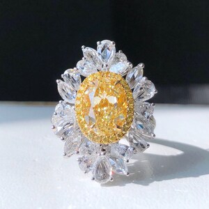 Bague art nouveau en diamant jaune 3ct naturel coupe ovale pendentif diamant jaune or blanc 18k
