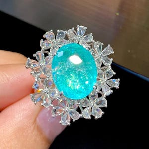 Art deco flowery collectible ring in natural Neon blue Paraiba tourmaline 6.68ct oval diamonds and 18k gold, unique Paraiba tourmaline ring