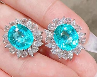 Custom Paraiba Stud Earrings 6.52ct Neon Oval, Diamond Halo, 18k White Gold, AIGS Certified