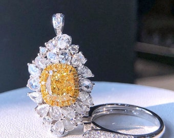 Bague 2 en 1 pendentif art déco en or blanc et diamants Fancy jaune GIA bague asymétrique en diamants naturel bijoux fête
