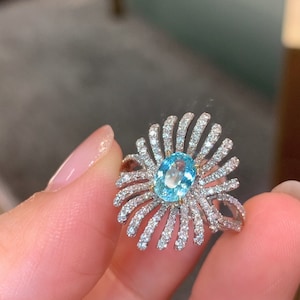 Fancy Tourmaline natural Paraiba ring oval neon blue 0.82ct colorless diamond paving and 18k white gold, modern transparent Paraiba ring