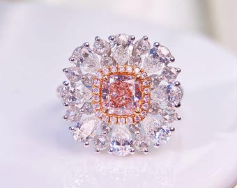 Anillo colgante con halo floral – Diamante rosa pálido de 1,01 ct talla cojín – Oro blanco de 18 quilates – Diamantes blancos naturales de 2,043 ct – Certificado GIA