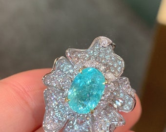 Minimalist Petal Paraiba Tourmaline Pendant Ring – Oval cut 2.05ct Greenish-Blue, Natural Diamonds, 18k White Gold (GUILD Certified)
