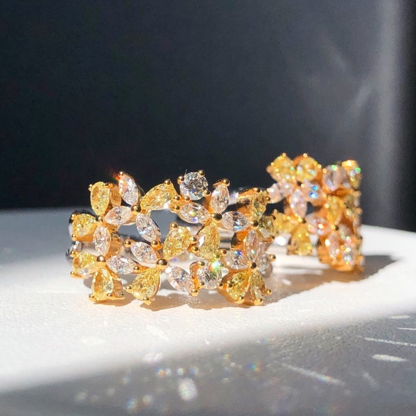 Bague Fleur en diamants jaune naturels 0,91ct diamant coupe poire or pur Jaune 18k
