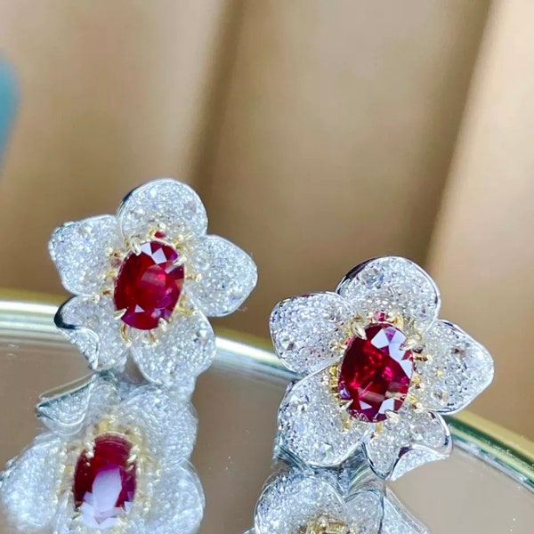 Boucles d'oreilles or blanc jaune 18k en rubis et diamants naturel, vintage Ruby earrings, natural ruby