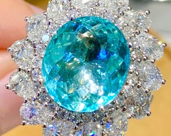 Natural Neon Blue Paraiba Tourmaline Halo Ring 6.51ct Oval Cut with Natural Diamonds in Platinum PT950 AIGS Certified