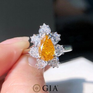 Minimalist Pear Orange-Bright Yellow Diamond Engagement Ring 1.64ct 18k Gold AU750, Orange Pear Diamond, Unique Wedding Ring