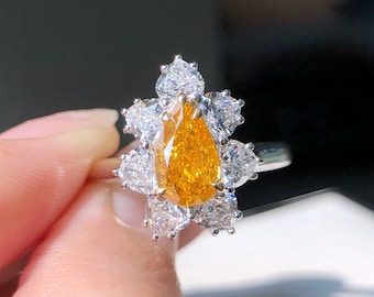 Bague de fiançailles minimaliste en diamant Poire Orange-Jaune vif 1.64 Ctw et or 18k AU750