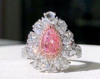 Magnifique bague de fiançailles halo en diamant naturel rose coupe poire 1 ct GIA ou blanc 750 AU