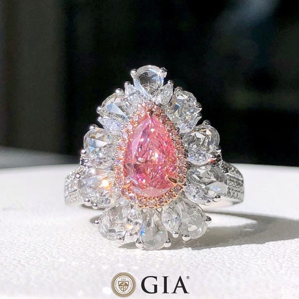 Magnifique bague de fiançailles halo en diamant naturel rose coupe poire 1ct GIA or blanc AU750