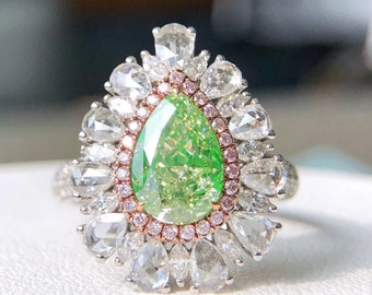 Magnifique bague pendentif cocktail halo en diamant poire Vert Jaune 2 Ctw et or 18k AU750 Style vintage