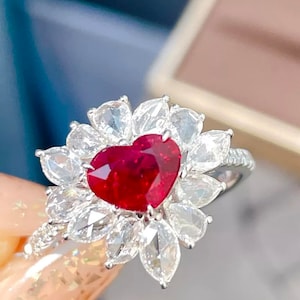 Anel de noivado com rubi em forma de coração de 1,38 ct, ouro branco 18k, presente com pedra de nascimento de julho