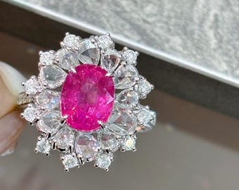 Vivid Pink Unheated Spinel Flower Ring 2.32ct Oval Cut with Natural Rose-Cut Diamonds – in Platinum PT950