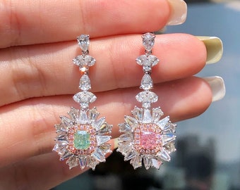 Boucle d’oreille et bagues en diamant naturel Fancy Rose clair et vert clair or blanc 18k certificat GIA