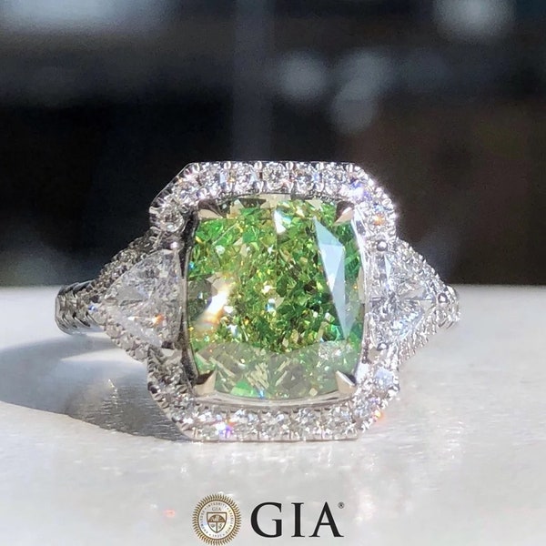 Magnifique bague halo en diamant incolore/blanc et Fancy vert 3ct VS2 GIA bague de mariage cadeau de fiançailles diamant GIA