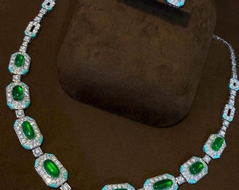 Collar de ojo de gato con esmeralda natural de 12,2 ct, cabujón verde intenso, diamante halo vintage, oro de 18 quilates