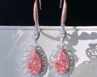 Magnifique boucles d’oreilles pendante en diamant naturel rose coupe poire 2ct or 18k style bijoux nobles royaux