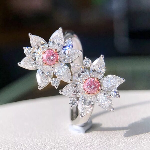Bague fleur toi et moi en or blanc 18k et diamants roses Argyle pink bague de fiançailles art nouveau bague en diamants naturels