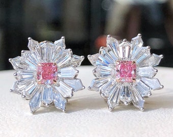 Boucles d’oreilles cocktail fleur en diamants naturel rose clair fantaisie coupe coussin GIA et or AU750 18k