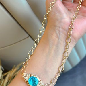 Natural 7.3ct Round Cut Neon Blue Paraiba Tourmaline Pavé Necklace 18k Yellow Gold AIGS CERTIFICATION