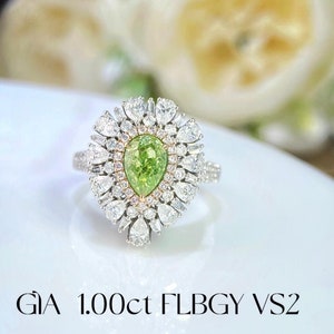 Bague cocktail halo de diamants naturels verts fantaisie GIA, diamants incolores 1 ct et or 18 carats AU750, pendentif diamant vert, diamant vert taille poire