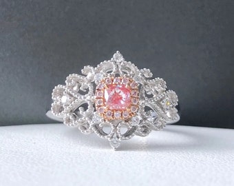 Bague mignonne style princesse en diamant fancy rose 0,259ct coupe coussin Or blanc et rose 18k