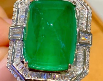 13ct Sugarloaf Emerald Ring ,Natural Vivid Green, 18k White Gold - Diamond Halo - Unisex High Jewelry