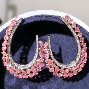 Luxury Pink Diamond Earrings 6ct 18K White Gold Hoop Statement Jewelry | Light Pink Diamond High End Couture Earrings