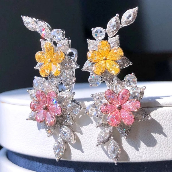 Boucles d'oreilles de mariage fleurs en Diamant naturels rose et jaune or 18k