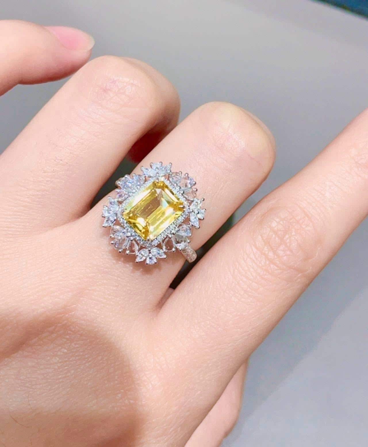 Vivid Yellow Sapphire Halo Ring 2.23ct Emerald Cut With Natural
