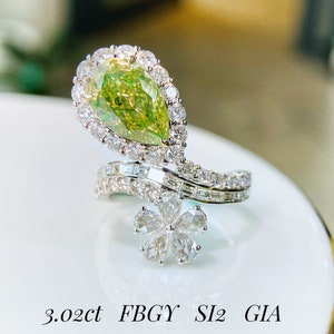 Fancy Brownish Greenish Yellow 3ct Pear Cut Diamond Flower Halo Asymmetric Ring and 18k White Gold, Pear Cut Engagement Ring, Unique Ring