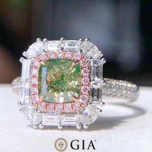 1.30ct Natural Green Cushion Cut Natural Diamond Ring GIA Certified Engagement Ring, unique Green Diamond halo ring, statement green diamond