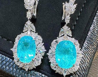 10.34ct Natural Neon Blue Paraiba Dangle Earrings – Oval Cut with White Diamonds – 18K White Gold – AIGS Certified
