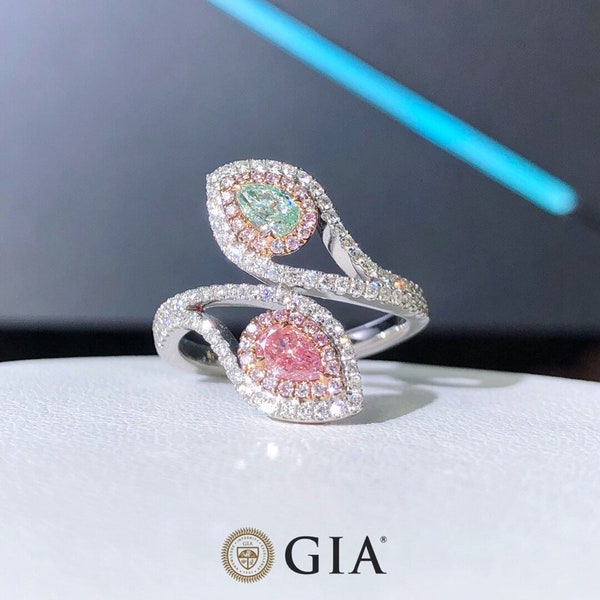 Bague Toi et Moi moderne en diamant Vert très clair et Rose clair VS2 certifié GIA bague de mariage or blanc et rose 18k