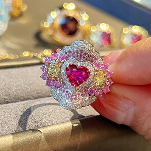 Unheated Heart Cut 1ct Red Rose Sapphire Cocktail Ring and 18k White Gold, Red Heart Ring, 1ct Heart Sapphire, Fine Jewelry Ring, Red heart
