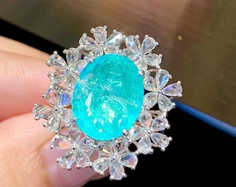 Neon Paraiba Tourmaline Flower Ring 6.88ct Oval with Natural Diamonds in 18k White Gold