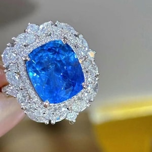 7.55ct Unheated Cushion Blue Sapphire Halo Ring and pendant with Side Diamonds and 18k Gold, victorian style sapphire ring