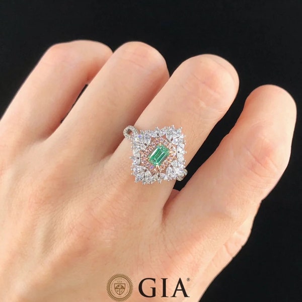 Emerald cut natural green diamond ring and 18k white and rose gold vintage natural green diamond pendant green pendant