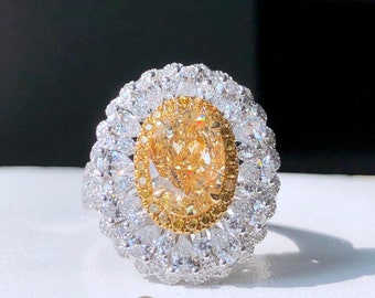 Bague pendentif style victorien vintage en Diamant Fancy Jaune brun clair 2,56ct et Or Blanc pur 18k certifié GIA