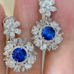 dangling flower Halo earrings in large sapphire 2.33ct Royal blue round and white diamonds 18k gold
