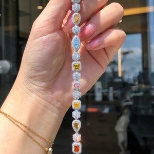 Majestic art deco style cocktail bracelet in Fancy natural multi cut diamonds 10ct total GIA AU750 18k white gold, colorful diamond bracelet
