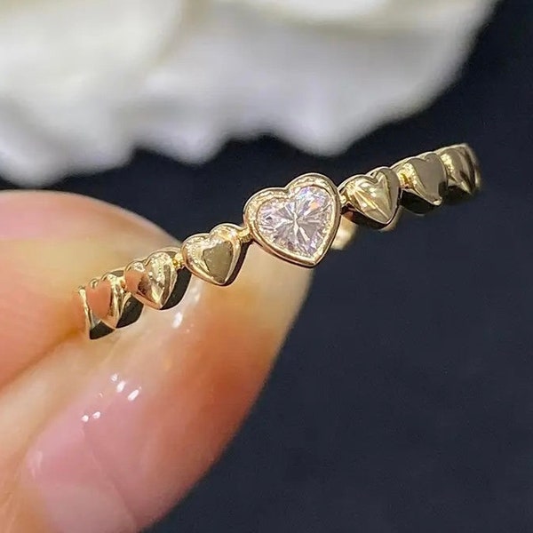 Bague de fiançailles minimaliste en diamant coupe coeur 0,10ct or jaune 18k, bague en diamant simple, bague de mariage