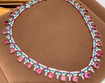Roze paarsrode kussen natuurlijke toermalijn ketting, 42,6 karaat diamant en platina PT950, zeldzame trendy luxe sieraden, investeringssieraden