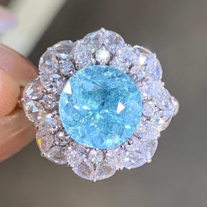 Gorgeous natural 2.55ct Round Neon Blue Paraiba Tourmaline Engagement Ring with Side Diamonds and 18k White Gold AU750, Blue Stone Ring