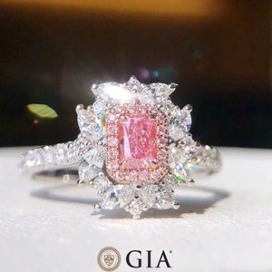 MADE TO ORDER Very Clear Pink Diamond Halo Engagement Ring 0.30ct Ct Radiant and 18k White Gold