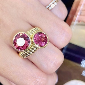 You and me Cocktailring aus 6 Karat natürlichem Turmalin und 750er Gelbgold, Runder natürlicher roter Turmalinring, 18k Gelbgold-Turmalinring