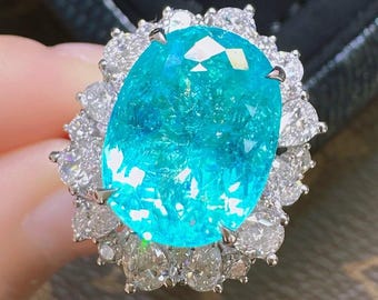 Neon Blue Paraiba Tourmaline Halo Pendant Ring, 7.02ct Oval Cut with Natural Diamonds in 18K White Gold — AIGS Certified