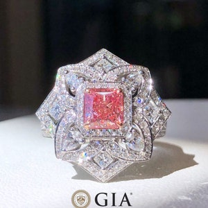 1,01 ct pink diamond halo ring SI1 GIA cushion cut, GIA pink diamond pave flower ring, Fancy Light Pinkish Brown diamond